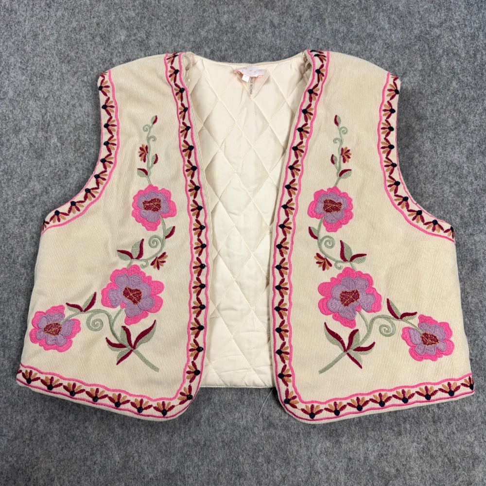 Entro Womens Floral Embroidered Quilted Corduroy Vest Cream Pink Purple Size L